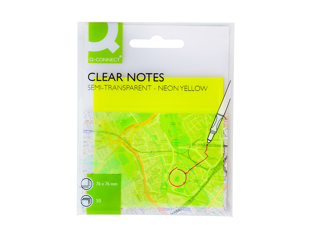 BLOCO DE NOTAS ADESIVAS Q-CONNECT REMOVIVEIS PLASTICO TRANSLUCIDO AMARELO NEON COM 50 FOLHAS 76X76 MM