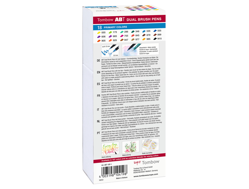 MARCADOR TOMBOW DUAL BRUSH PONTA DUPLA PINCEL CORES PRIMARIAS ESTOJO DE 18 UNIDADES CORES SORTIDAS