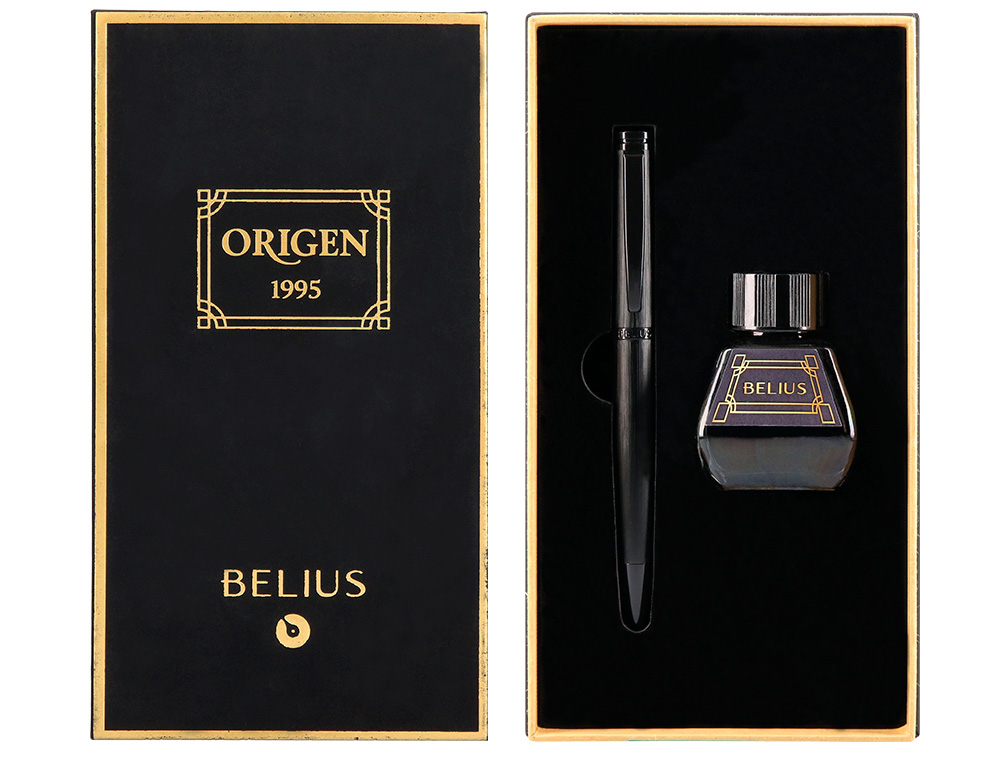 CANETA E FRASCO DE TINTA ESTILOGRAFICA BELIUS ORIGEN 1995 ALUMINIO TEXTURA ESCOVADO COR PRETO TINTA PRETA CAIXA DESIGN