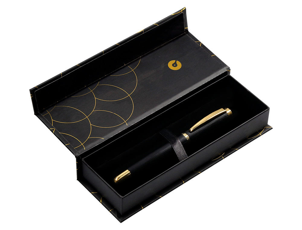 ESFEROGRAFICA BELIUS PASSION DOR ALUMINIO TEXTURA ESCOVADO DESENHO PRETO E DOURADO TINTA AZUL CAIXA DESIGN