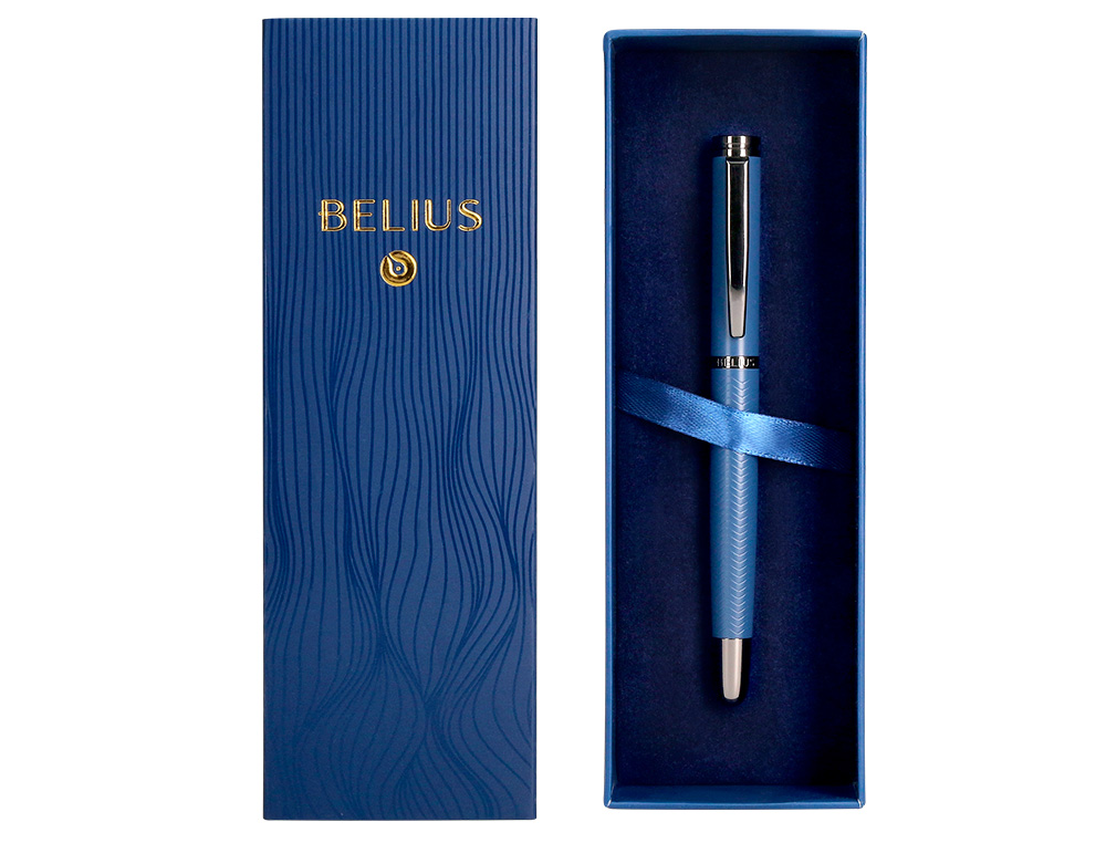 CANETA BELIUS NEPTUNO ALUMINIO TEXTURA WAVY COR AZUL MARINHO TINTA AZUL CAIXA DESIGN