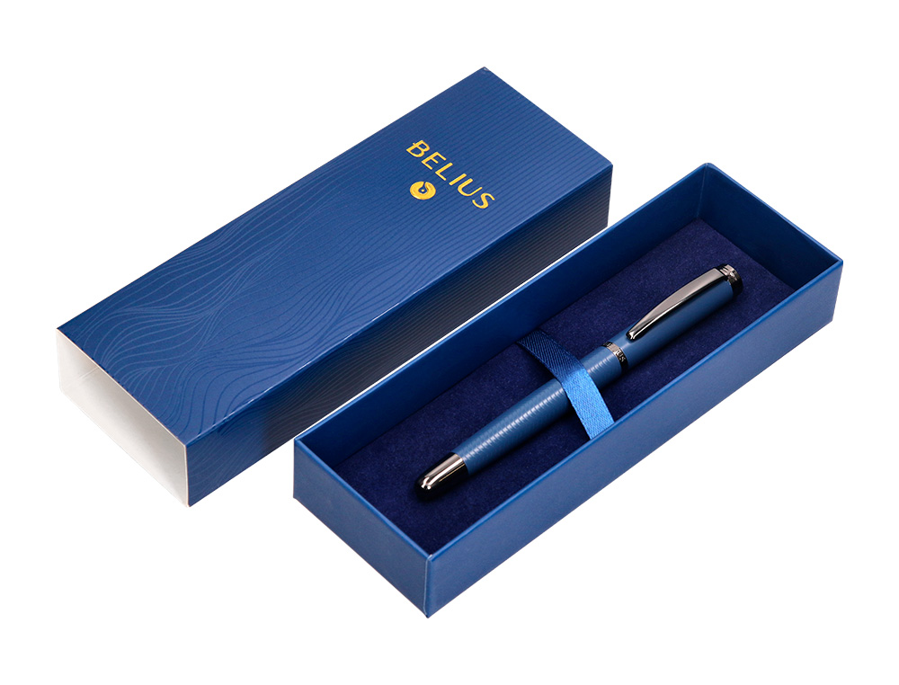 CANETA BELIUS NEPTUNO ALUMINIO TEXTURA WAVY COR AZUL MARINHO TINTA AZUL CAIXA DESIGN