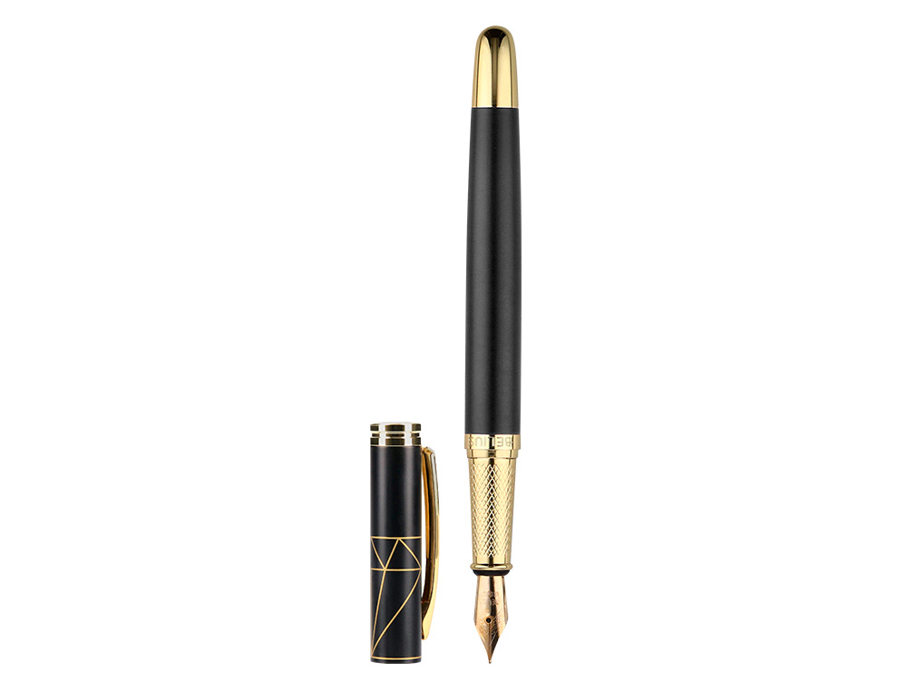 CANETA BELIUS SOIREE ALUMINIO DESENHO ART DECO PRETO E DOURADO TINTA AZUL CAIXA DESIGN