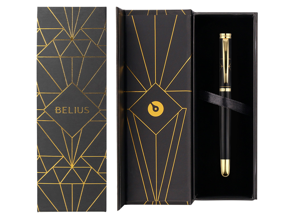 CANETA BELIUS SOIREE ALUMINIO DESENHO ART DECO PRETO E DOURADO TINTA AZUL CAIXA DESIGN