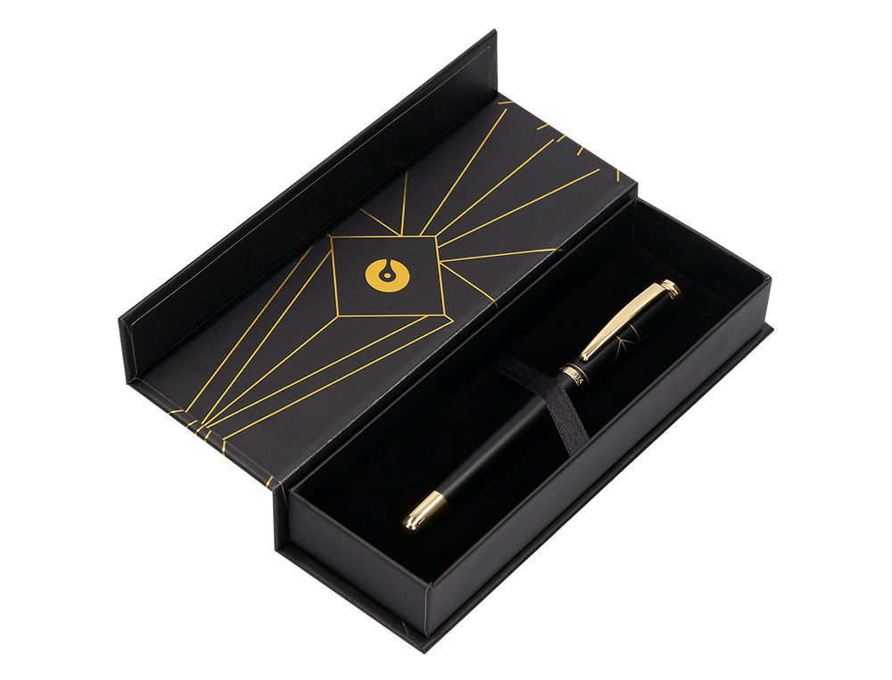 CANETA BELIUS SOIREE ALUMINIO DESENHO ART DECO PRETO E DOURADO TINTA AZUL CAIXA DESIGN