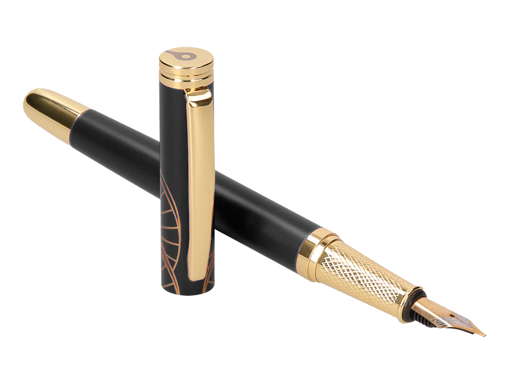 CANETA BELIUS SOIREE ALUMINIO DESENHO ART DECO PRETO E DOURADO TINTA AZUL CAIXA DESIGN