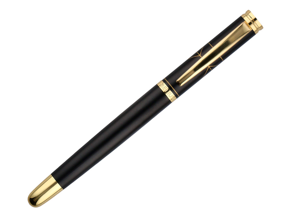 CANETA BELIUS SOIREE ALUMINIO DESENHO ART DECO PRETO E DOURADO TINTA AZUL CAIXA DESIGN