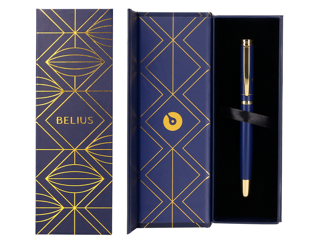 ESFEROGRAFICA BELIUS SOIREE ALUMINIO DESENHO ART DECO AZUL MARINHO E DOURADO TINTA AZUL CAIXA DESIGN