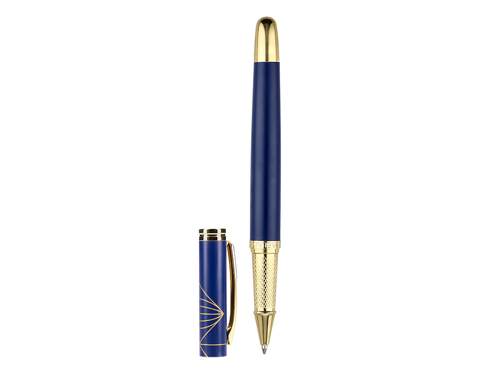 ESFEROGRAFICA BELIUS SOIREE ALUMINIO DESENHO ART DECO AZUL MARINHO E DOURADO TINTA AZUL CAIXA DESIGN