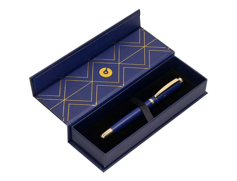 ESFEROGRAFICA BELIUS SOIREE ALUMINIO DESENHO ART DECO AZUL MARINHO E DOURADO TINTA AZUL CAIXA DESIGN