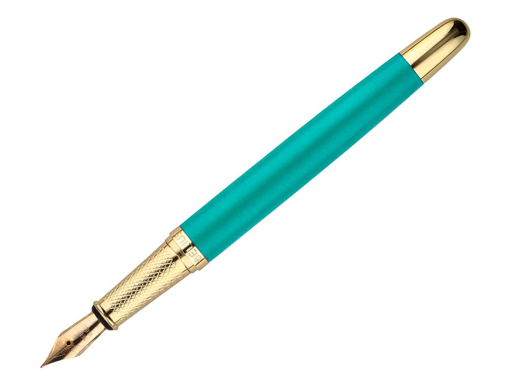 CANETA BELIUS SOIREE ALUMINIO DESENHO ART DECO TURQUESA E DOURADO TINTA AZUL CAIXA DESIGN