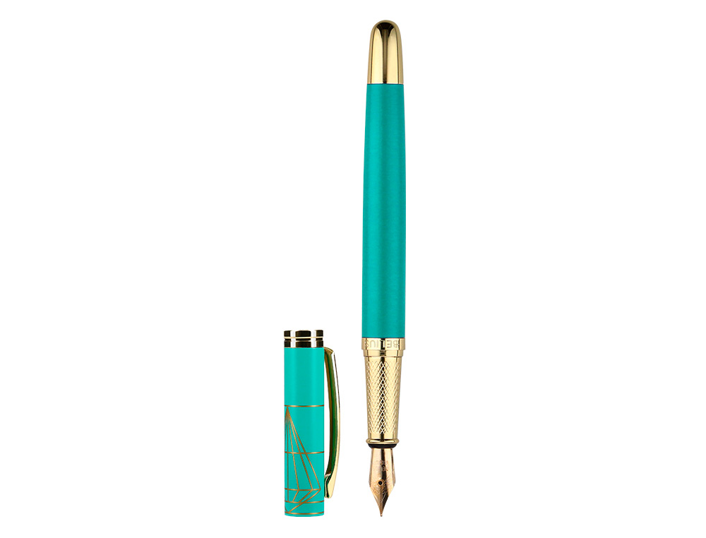 CANETA BELIUS SOIREE ALUMINIO DESENHO ART DECO TURQUESA E DOURADO TINTA AZUL CAIXA DESIGN