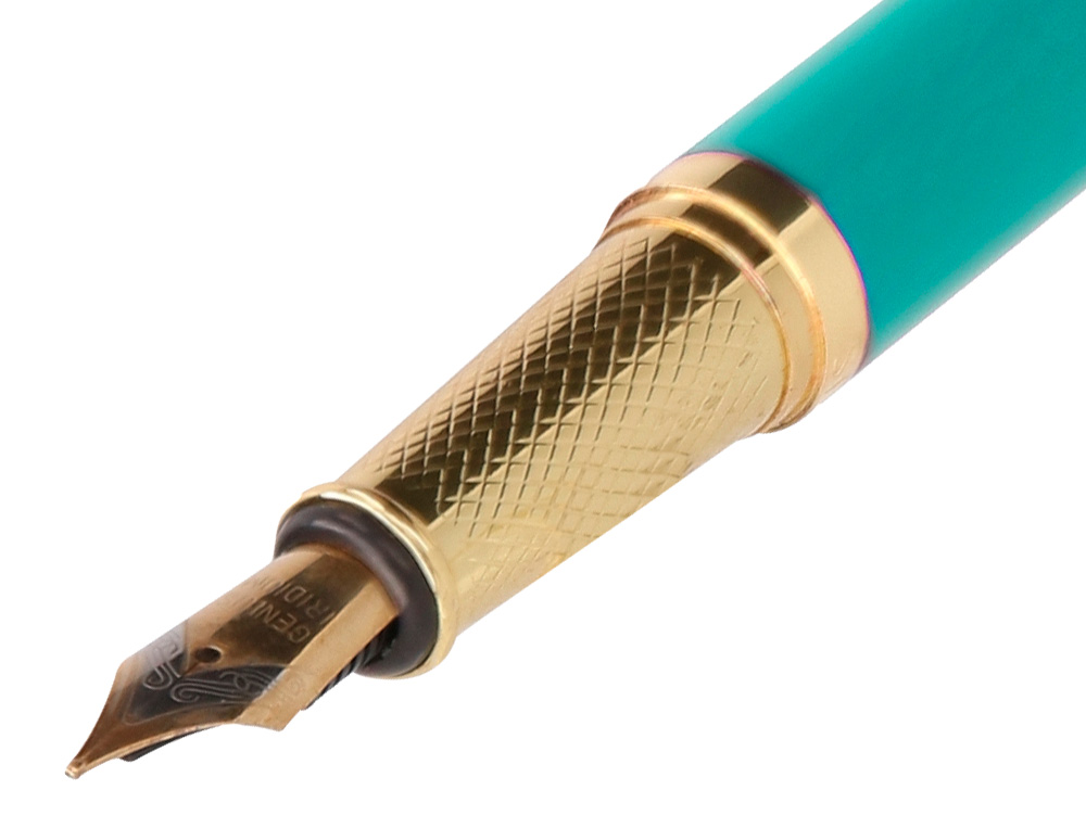 CANETA BELIUS SOIREE ALUMINIO DESENHO ART DECO TURQUESA E DOURADO TINTA AZUL CAIXA DESIGN