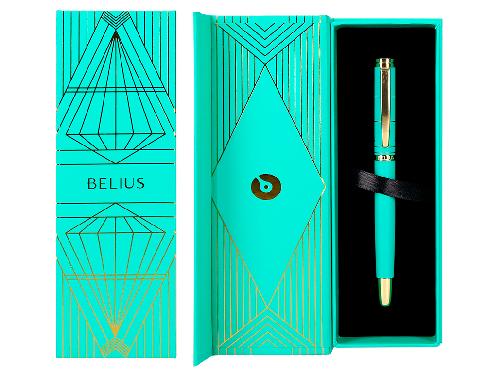 CANETA BELIUS SOIREE ALUMINIO DESENHO ART DECO TURQUESA E DOURADO TINTA AZUL CAIXA DESIGN