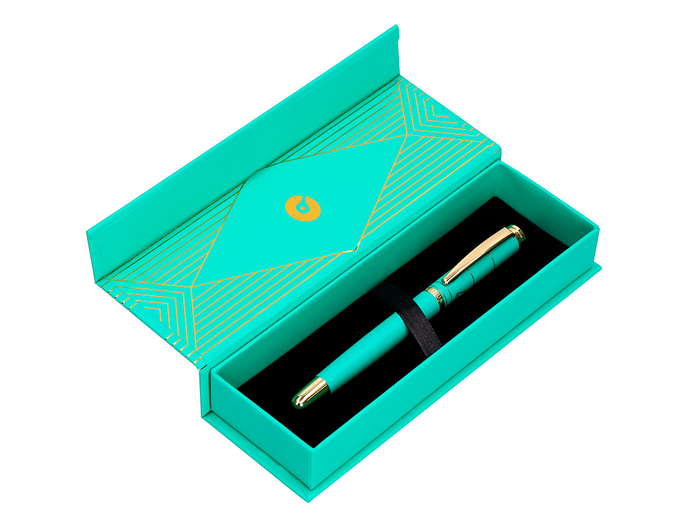 CANETA BELIUS SOIREE ALUMINIO DESENHO ART DECO TURQUESA E DOURADO TINTA AZUL CAIXA DESIGN