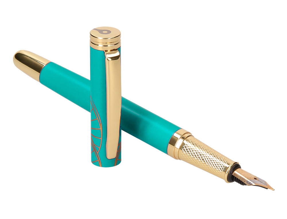 CANETA BELIUS SOIREE ALUMINIO DESENHO ART DECO TURQUESA E DOURADO TINTA AZUL CAIXA DESIGN