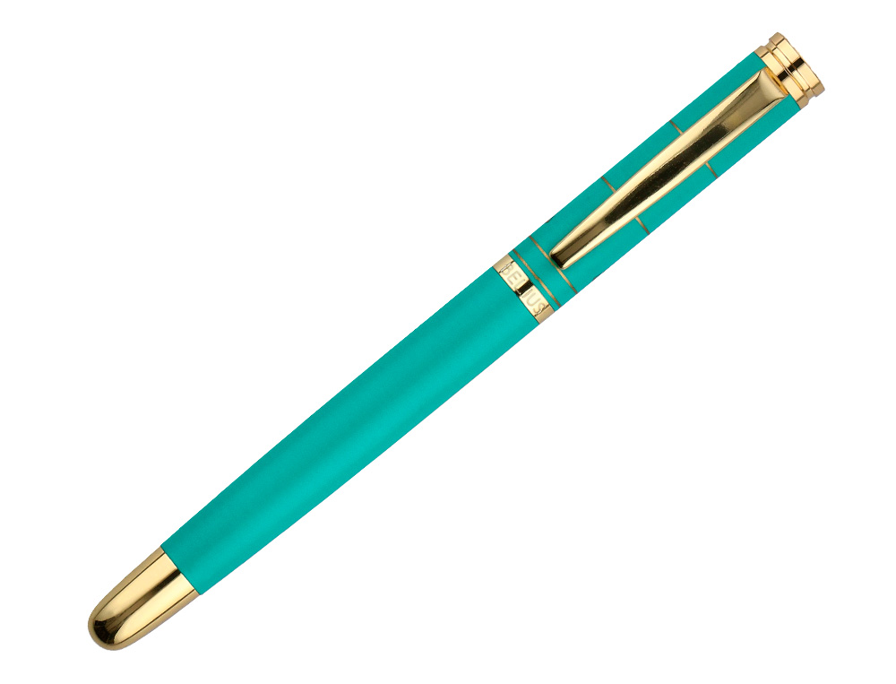 CANETA BELIUS SOIREE ALUMINIO DESENHO ART DECO TURQUESA E DOURADO TINTA AZUL CAIXA DESIGN