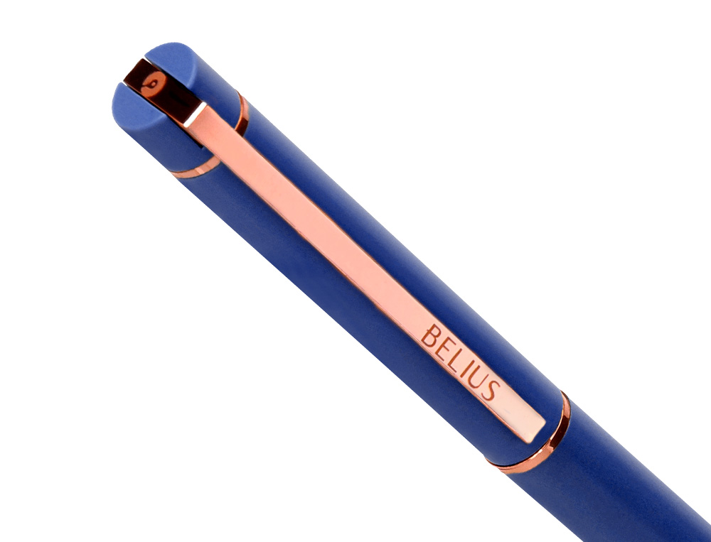 ESFEROGRAFICA BELIUS ROSE ALUMINIO DESENHO AZUL ELETRICO OURO ROSA TINTA AZUL CAIXA DESIGN