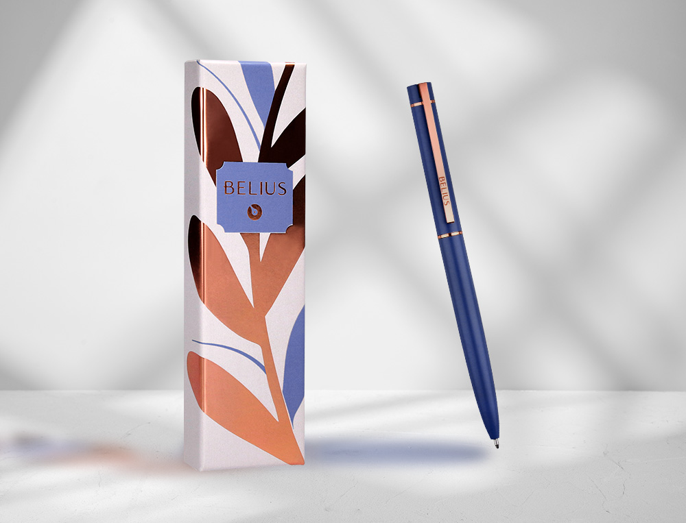 ESFEROGRAFICA BELIUS ROSE ALUMINIO DESENHO AZUL ELETRICO OURO ROSA TINTA AZUL CAIXA DESIGN