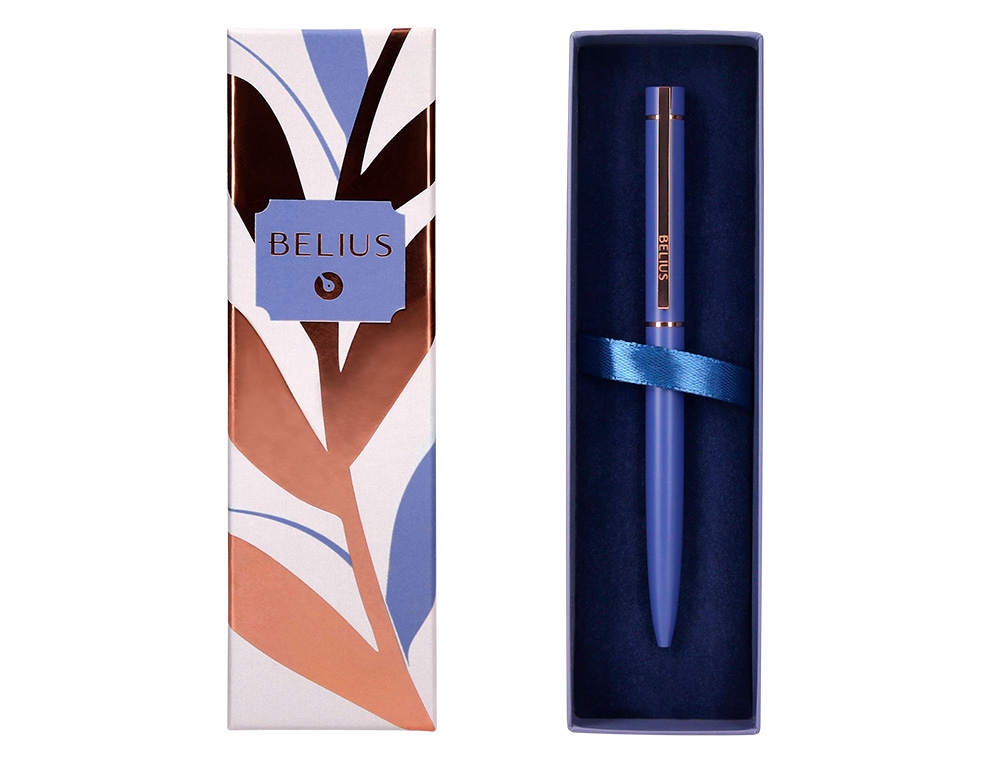 ESFEROGRAFICA BELIUS ROSE ALUMINIO DESENHO AZUL ELETRICO OURO ROSA TINTA AZUL CAIXA DESIGN