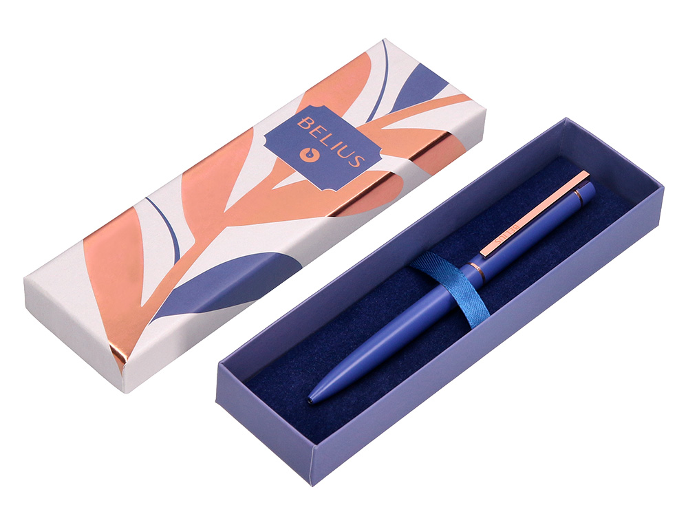 ESFEROGRAFICA BELIUS ROSE ALUMINIO DESENHO AZUL ELETRICO OURO ROSA TINTA AZUL CAIXA DESIGN