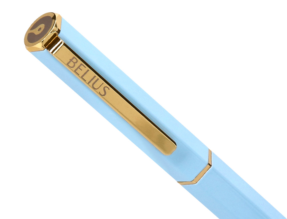 ESFEROGRAFICA BELIUS MACARON BLISS ALUMINIO DESENHO HEXAGONAL AZUL CELESTE E DOURADO TINTA AZUL CAIXA DESIGN