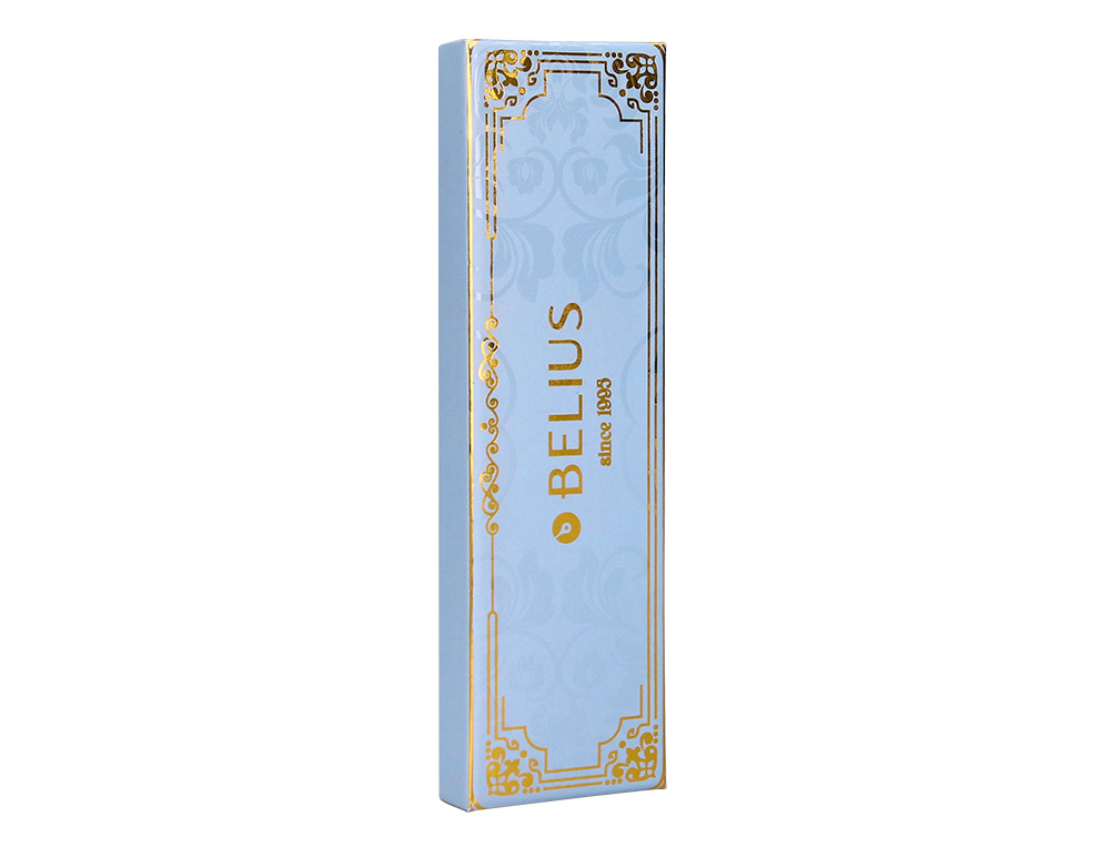 ESFEROGRAFICA BELIUS MACARON BLISS ALUMINIO DESENHO HEXAGONAL AZUL CELESTE E DOURADO TINTA AZUL CAIXA DESIGN