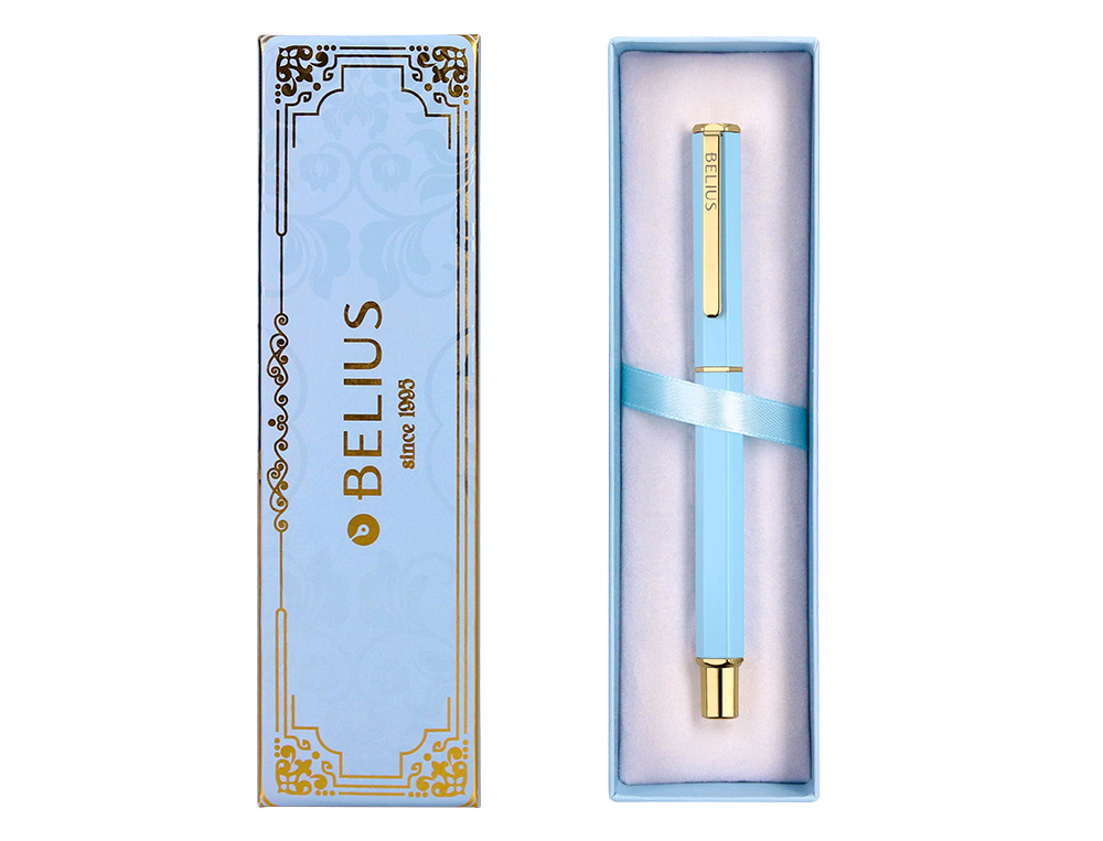 ESFEROGRAFICA BELIUS MACARON BLISS ALUMINIO DESENHO HEXAGONAL AZUL CELESTE E DOURADO TINTA AZUL CAIXA DESIGN