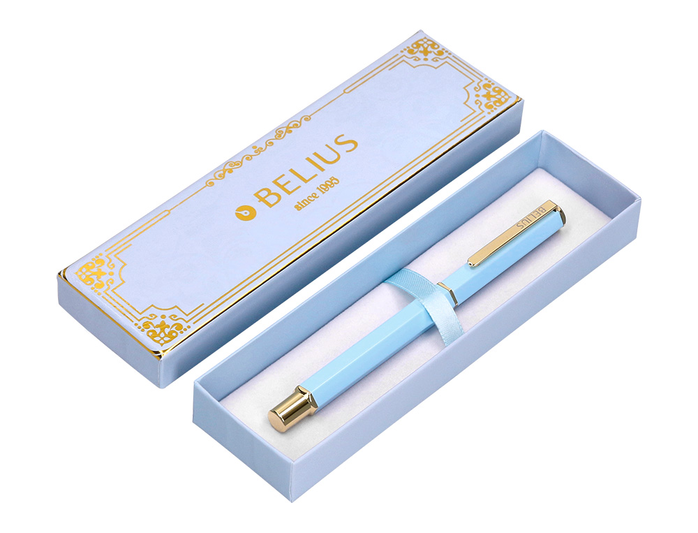 ESFEROGRAFICA BELIUS MACARON BLISS ALUMINIO DESENHO HEXAGONAL AZUL CELESTE E DOURADO TINTA AZUL CAIXA DESIGN