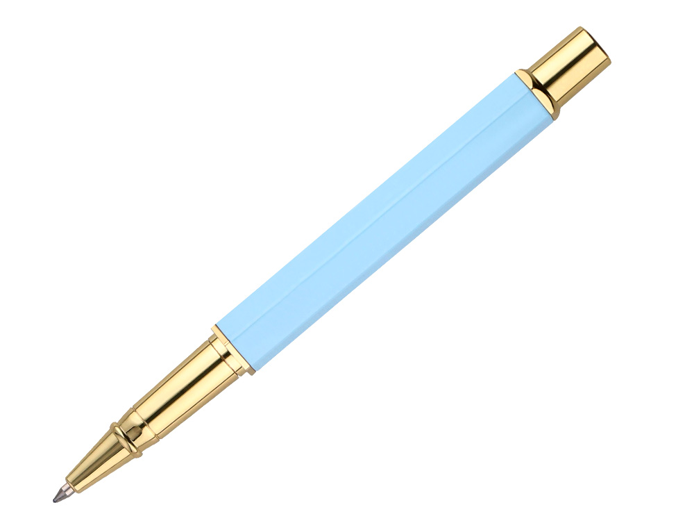 ESFEROGRAFICA BELIUS MACARON BLISS ALUMINIO DESENHO HEXAGONAL AZUL CELESTE E DOURADO TINTA AZUL CAIXA DESIGN