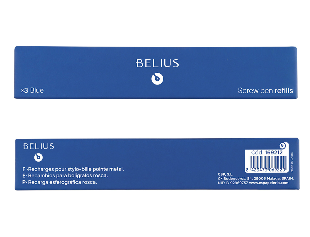 RECARGA ESFEROGRAFICA TIPO ROSCA BELIUS AZUL CAIXA 3 UNIDADES