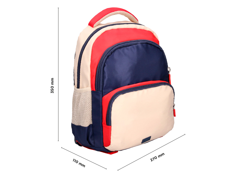 MOCHILA ESCOLAR LIDERPAPEL MULTIBOLSO INFANTIL AZUL MARINHO VERMELHO BEGE 350X110X270 MM