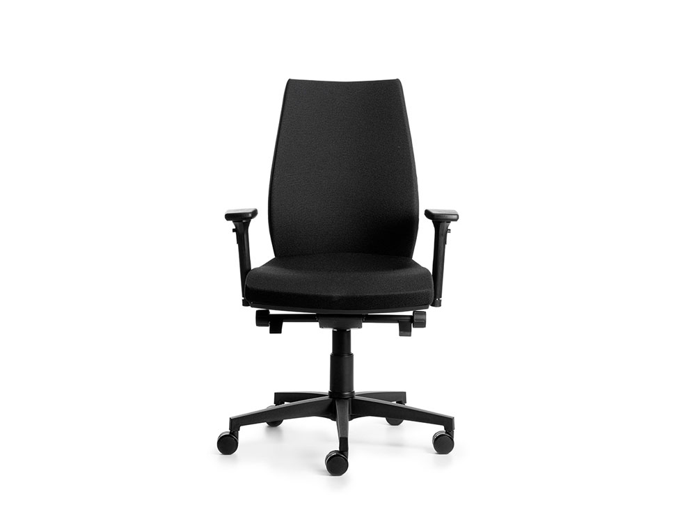 CADEIRA DE DIRECAO ROCADA BRACOS REGULAVEIS BASE POLIMERO MECANISMO SINCRO ESTRUTURA PRETA TECIDO PRETO 660X660X1180 MM