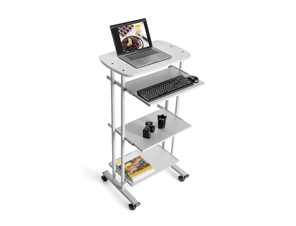 MESA COMPUTADOR ROCADA RD-5220 ESTRUTURA METALICA BANDEJAS REGULAVEIS EM ALTURA COM TECLADO REMOVIVEL 680X490X1260 MM