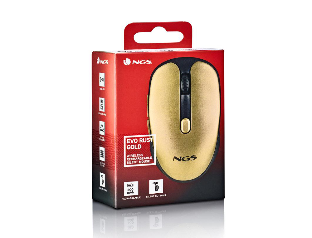 RATO NGS EVO RUST OTICO 800/1200/1600 DPI SEM FIOS 5 BOTOES TECLAS SILENCIOSAS RECETOR USB 2,4 GHZ DOURADO