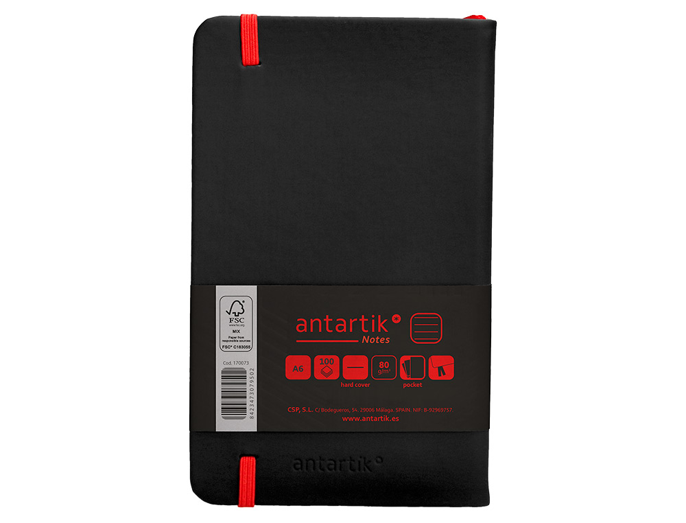 CADERNO COM ELASTICO ANTARTIK NOTES CAPA DURA A6 PAUTADO PRETO E VERMELHO 100 FOLHAS 80 GR FSC