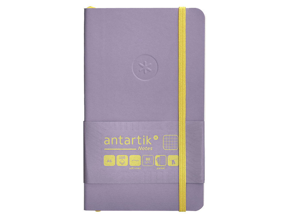 CADERNO COM ELASTICO ANTARTIK NOTES CAPA MOLE A6 QUADRICULADO ROXO E AMARELO 100 FOLHAS 80 GR FSC