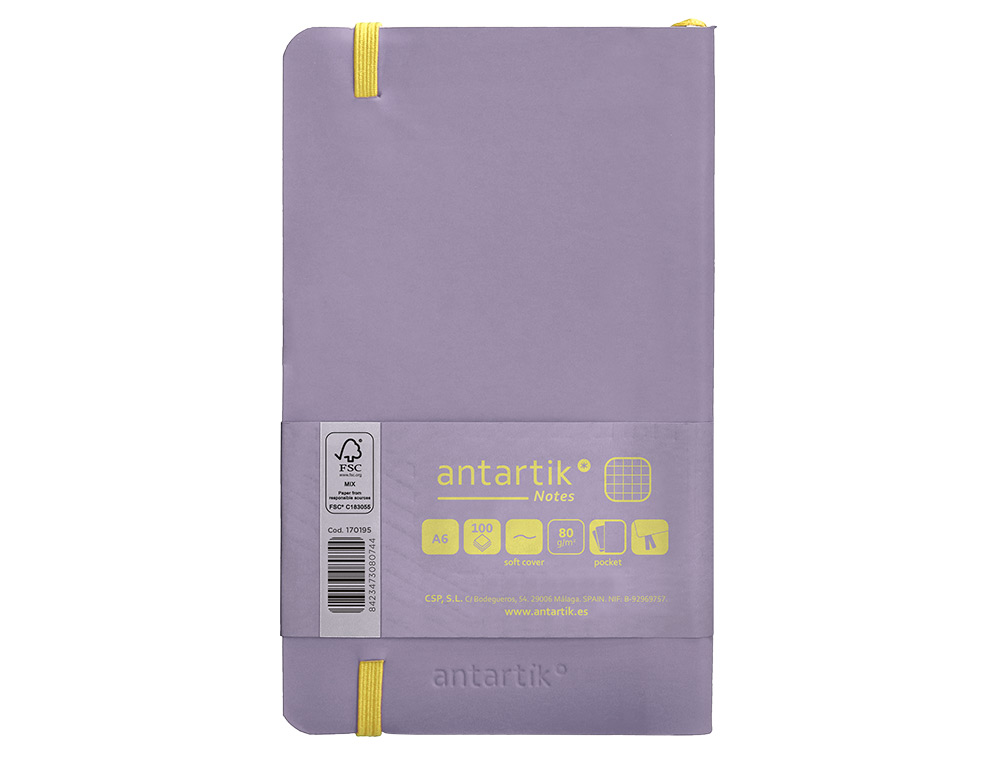 CADERNO COM ELASTICO ANTARTIK NOTES CAPA MOLE A6 QUADRICULADO ROXO E AMARELO 100 FOLHAS 80 GR FSC