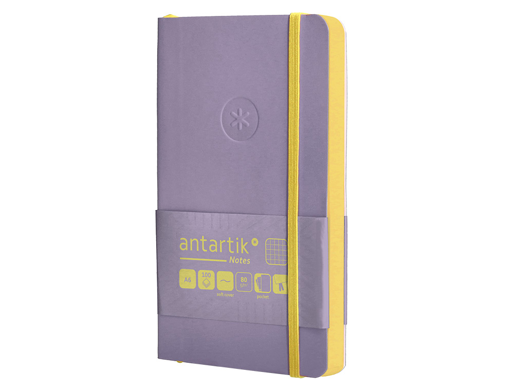 CADERNO COM ELASTICO ANTARTIK NOTES CAPA MOLE A6 QUADRICULADO ROXO E AMARELO 100 FOLHAS 80 GR FSC