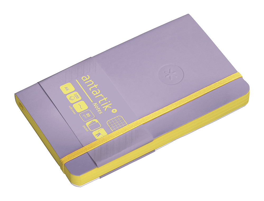CADERNO COM ELASTICO ANTARTIK NOTES CAPA MOLE A6 QUADRICULADO ROXO E AMARELO 100 FOLHAS 80 GR FSC
