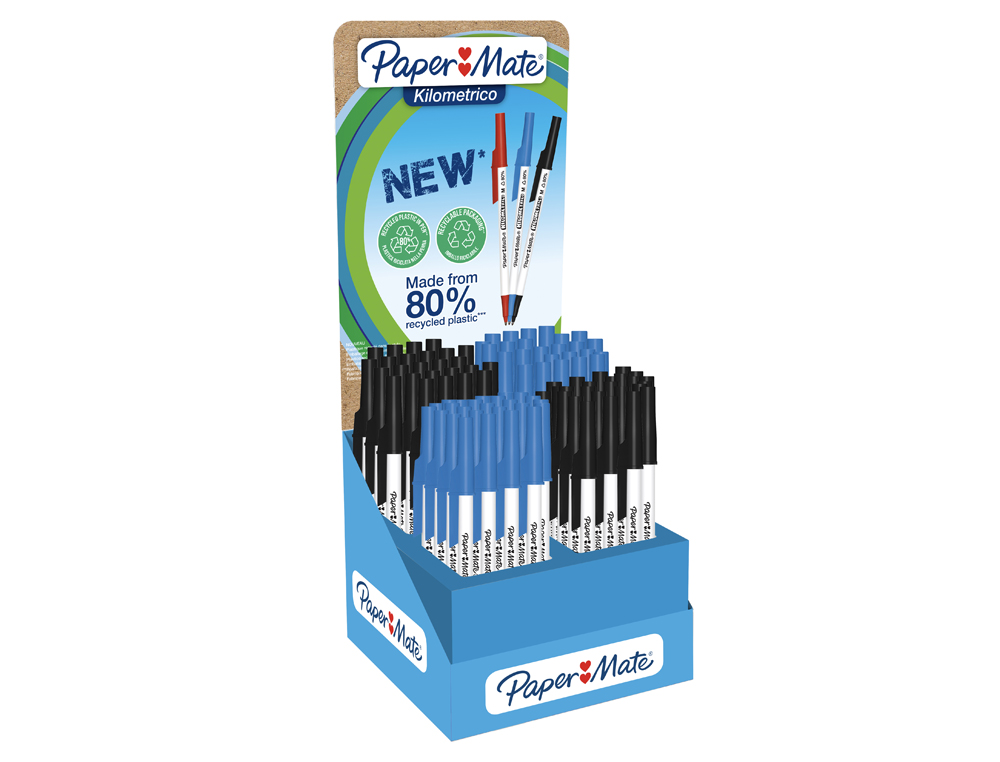 ESFEROGRAFICA PAPER MATE KILOMETRICA PONTA 1 MM PLASTICO RECICLADO 80% EXPOSITOR DE 300 UNIDADES COR AZUL / PRETO
