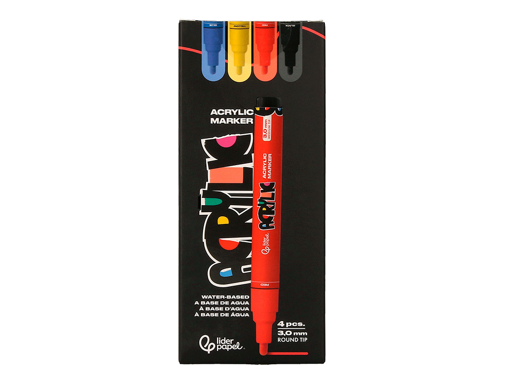 MARCADOR LIDERPAPEL ACRYLIC BASE AGUA TODO TIPO DE SUPERFICIE PONTA REDONDA 3 MM CAIXA DE 4 UNIDADES CORES