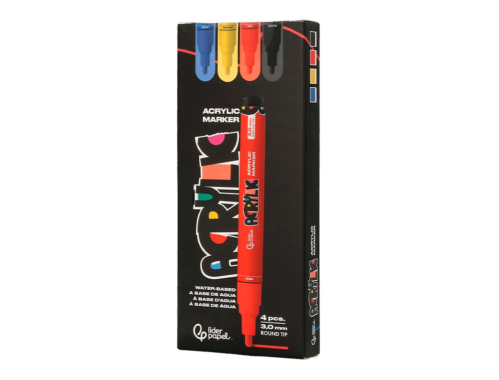 MARCADOR LIDERPAPEL ACRYLIC BASE AGUA TODO TIPO DE SUPERFICIE PONTA REDONDA 3 MM CAIXA DE 4 UNIDADES CORES