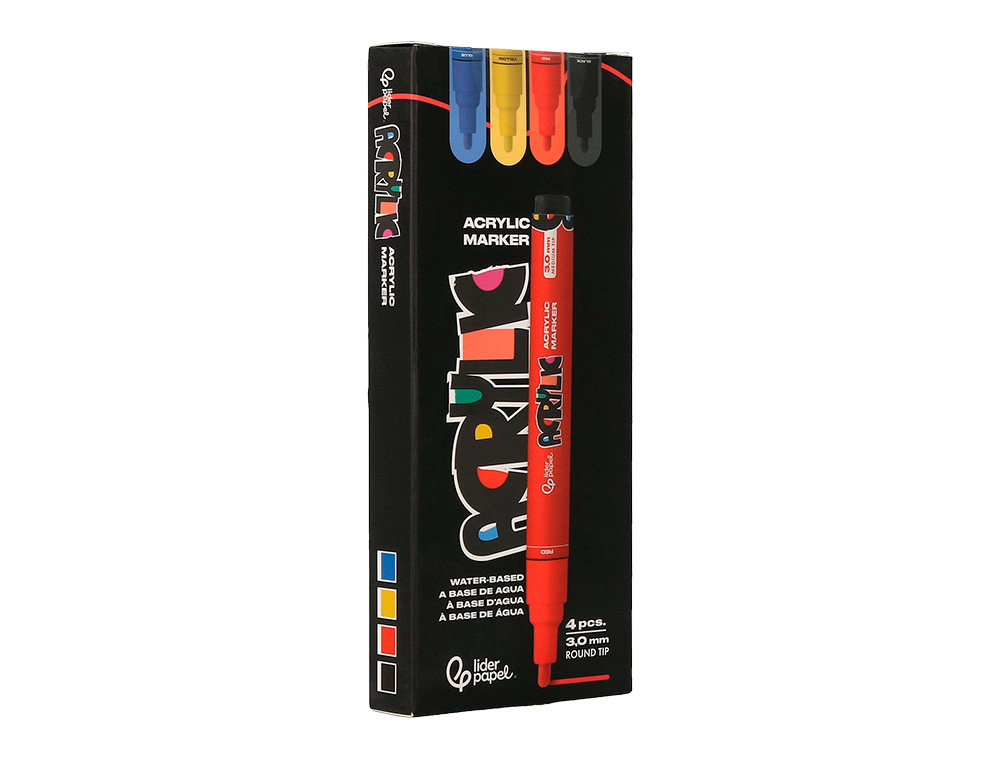 MARCADOR LIDERPAPEL ACRYLIC BASE AGUA TODO TIPO DE SUPERFICIE PONTA REDONDA 3 MM CAIXA DE 4 UNIDADES CORES