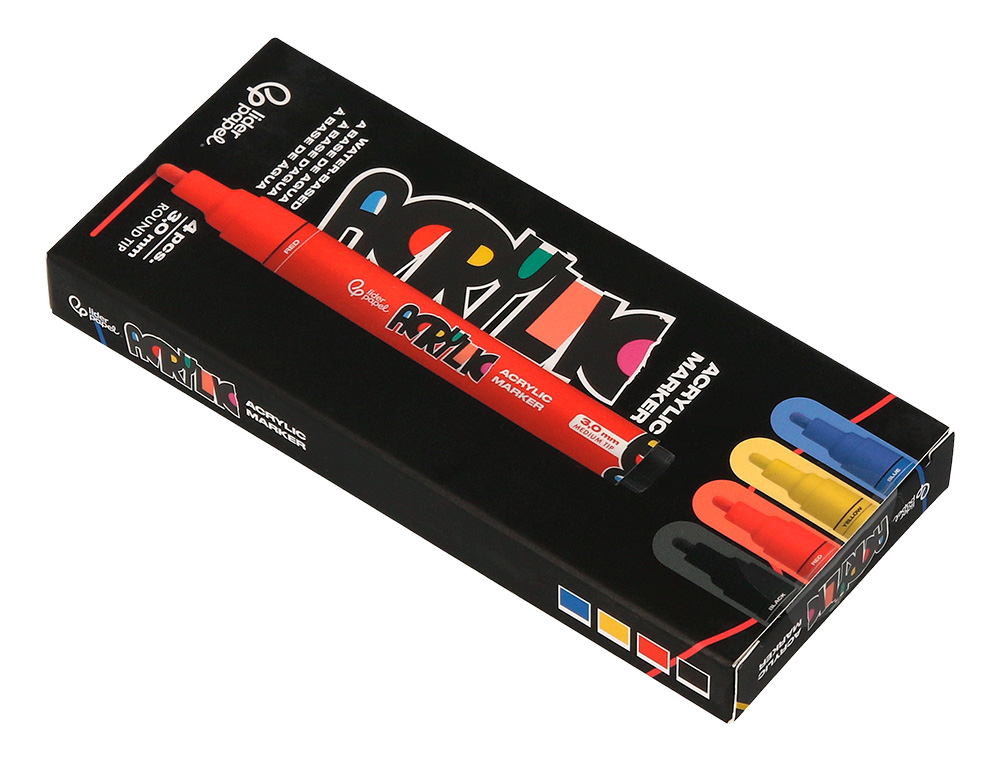 MARCADOR LIDERPAPEL ACRYLIC BASE AGUA TODO TIPO DE SUPERFICIE PONTA REDONDA 3 MM CAIXA DE 4 UNIDADES CORES