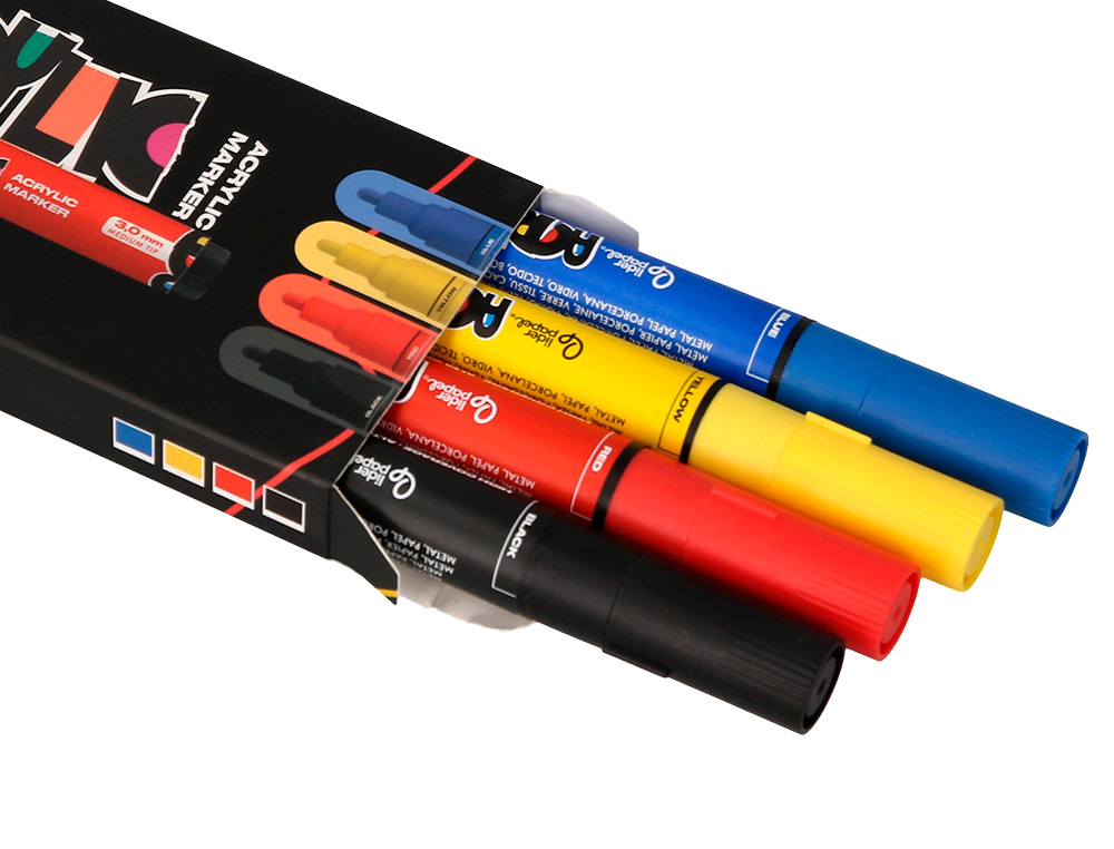 MARCADOR LIDERPAPEL ACRYLIC BASE AGUA TODO TIPO DE SUPERFICIE PONTA REDONDA 3 MM CAIXA DE 4 UNIDADES CORES