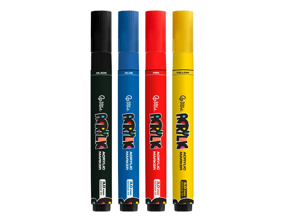 MARCADOR LIDERPAPEL ACRYLIC BASE AGUA TODO TIPO DE SUPERFICIE PONTA REDONDA 3 MM CAIXA DE 4 UNIDADES CORES