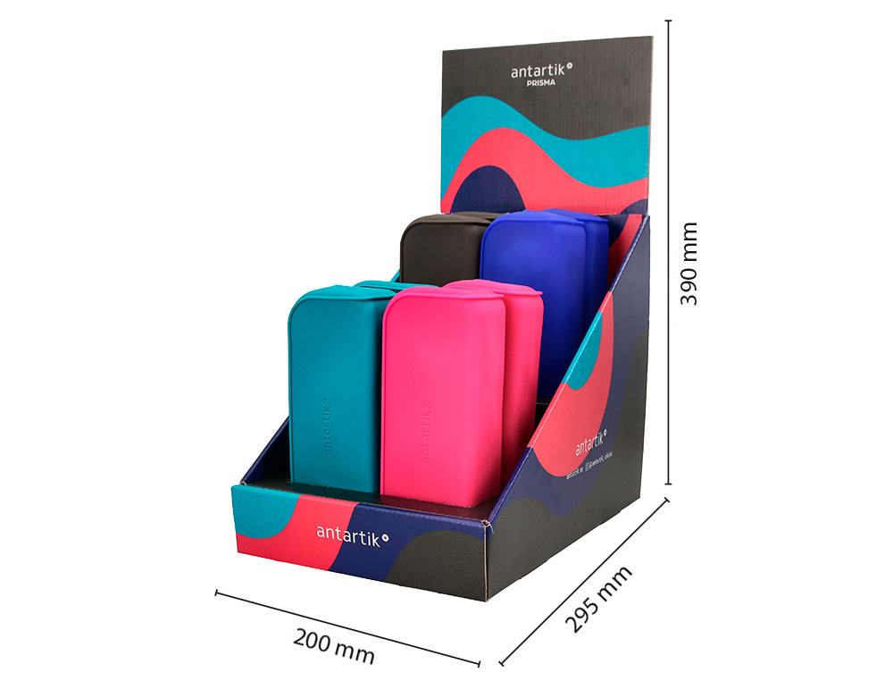 ESTOJO ESCOLAR ANTARTIK PRISMA SILICONE SOFT RETANGULAR 185X50X75 MM EXPOSITOR DE 8 UNIDADES CORES INTENSAS