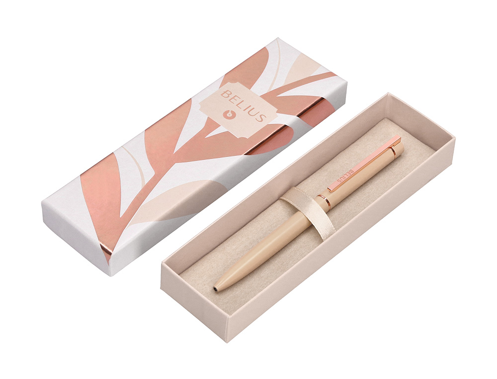 ESFEROGRAFICA BELIUS ROSE ALUMINIO COR BEGE CLARO OURO ROSA TINTA AZUL CAIXA DE DESIGN