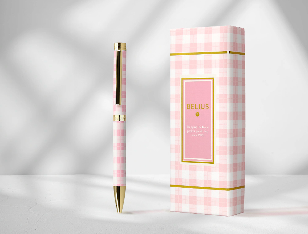 ESFEROGRAFICA BELIUS PICNIC ALUMINIO COR ROSA DOURADO TINTA COR AZUL CAIXA DE DESIGN